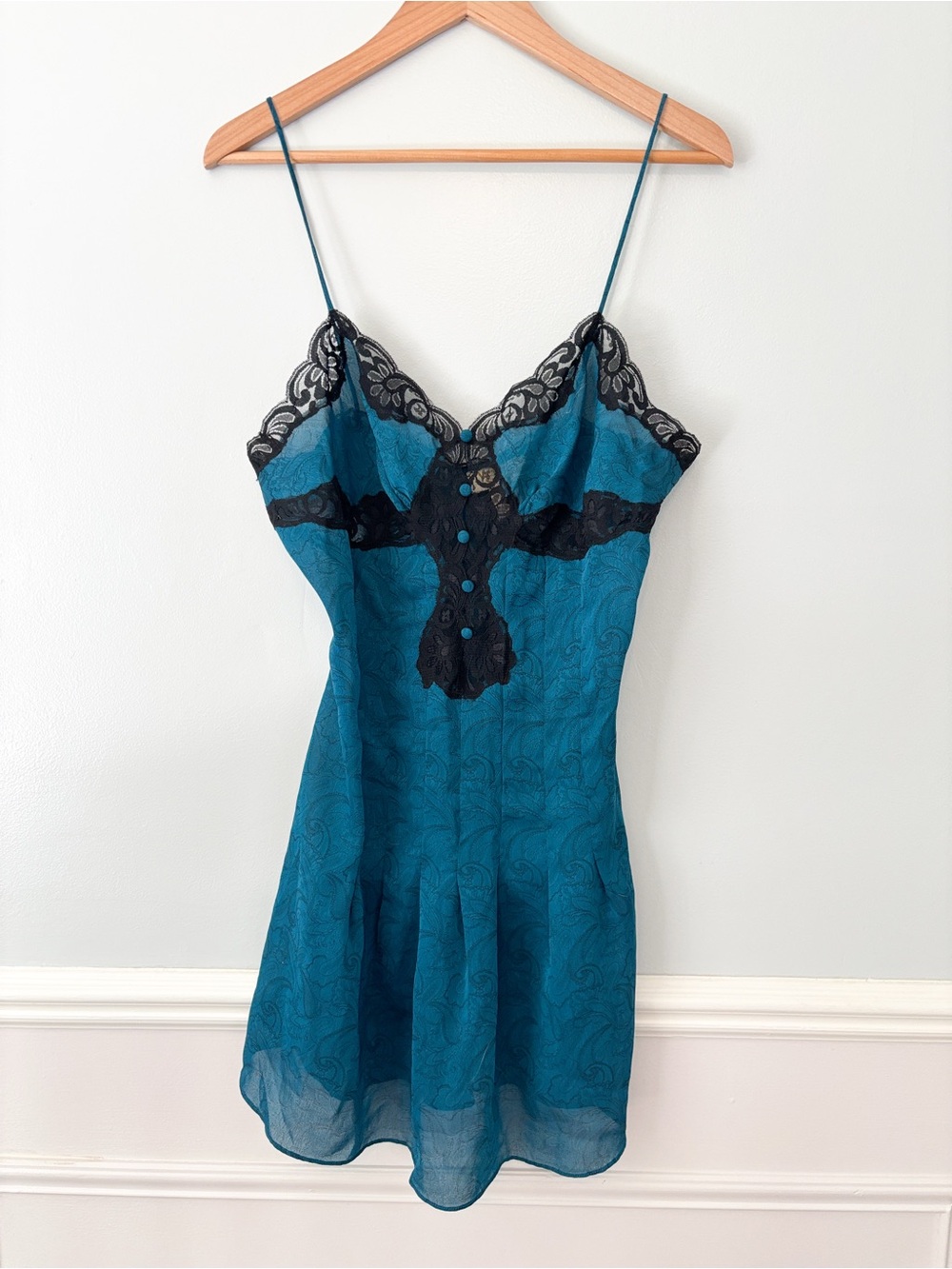 Vintage Victoria's Secret Lace Slip Dress Y2K Silk Size Medium Gold Label Teal